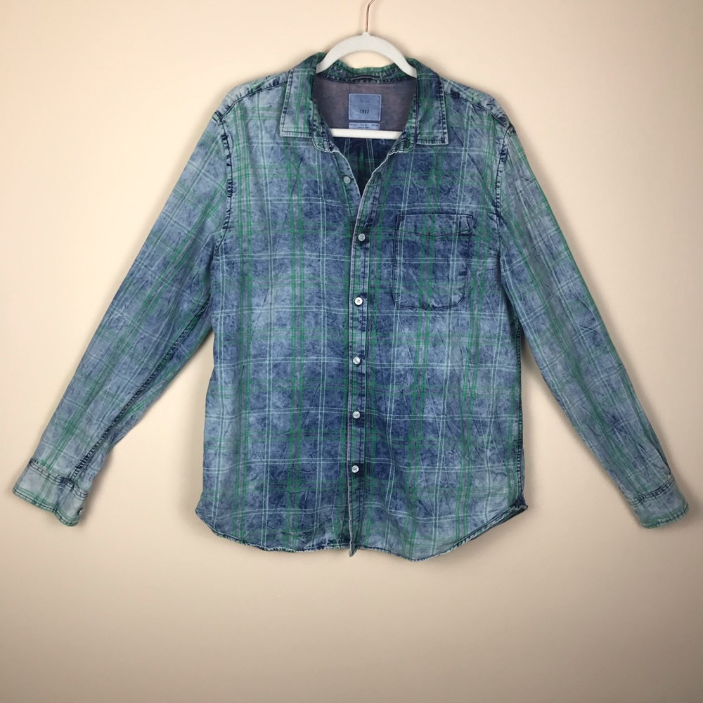 Zip Code Men’s Chambray Distressed Plaid Button Up